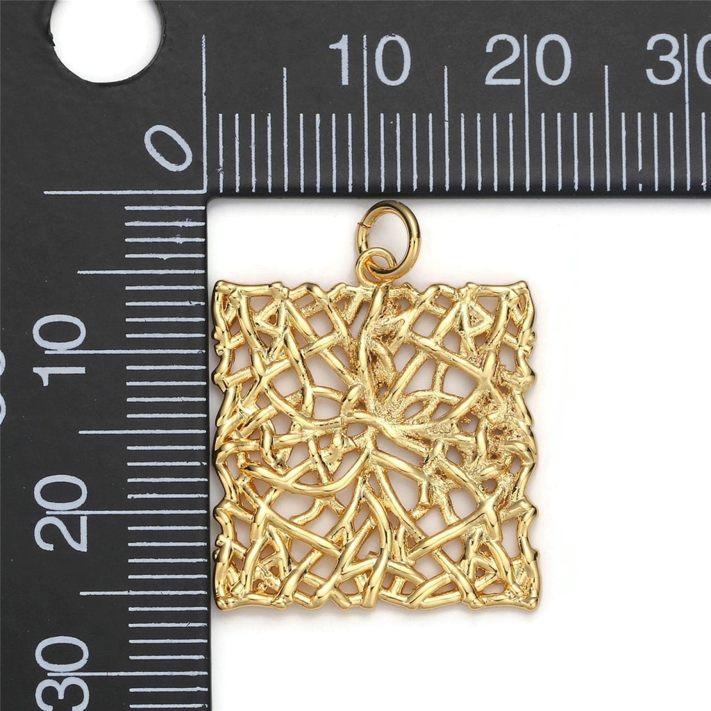 24k Gold plated Patterned Square Charm, Branch Paisley Pendant Charm, Gold plated Charm, For DIY Jewelry, Gold Color D-054 - DLUXCA
