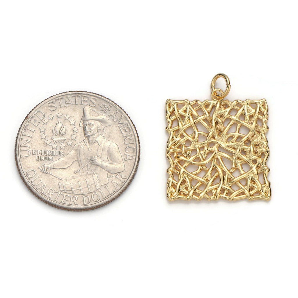 24k Gold plated Patterned Square Charm, Branch Paisley Pendant Charm, Gold plated Charm, For DIY Jewelry, Gold Color D-054 - DLUXCA