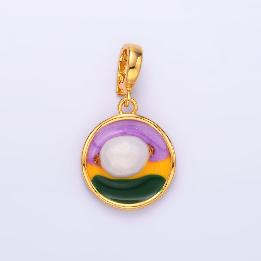 24K Gold plated Pearl Colorful Artsy Coin Charm with Snap Bail Pendant | AA - 1469 