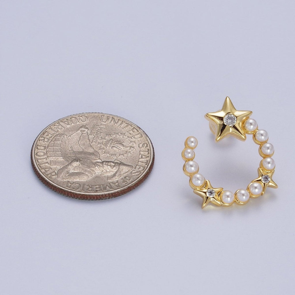 24K Gold plated Pearl Crescent Moon Stars CZ Celestial Circular Stud Earrings | Y229 - DLUXCA