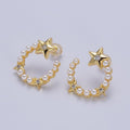 24K Gold plated Pearl Crescent Moon Stars CZ Celestial Circular Stud Earrings | Y229 - DLUXCA