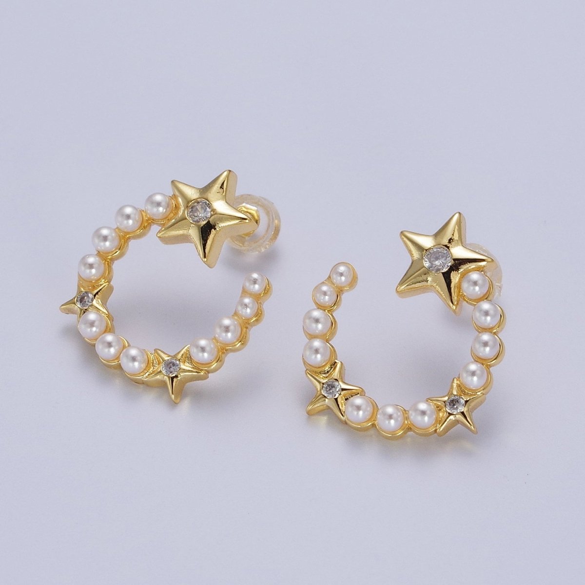 24K Gold plated Pearl Crescent Moon Stars CZ Celestial Circular Stud Earrings | Y229 - DLUXCA