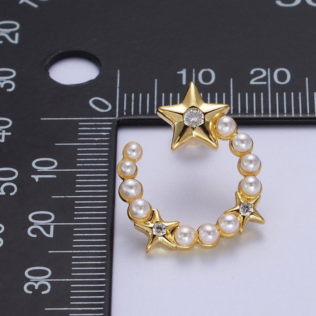 24K Gold plated Pearl Crescent Moon Stars CZ Celestial Circular Stud Earrings | Y229 - DLUXCA
