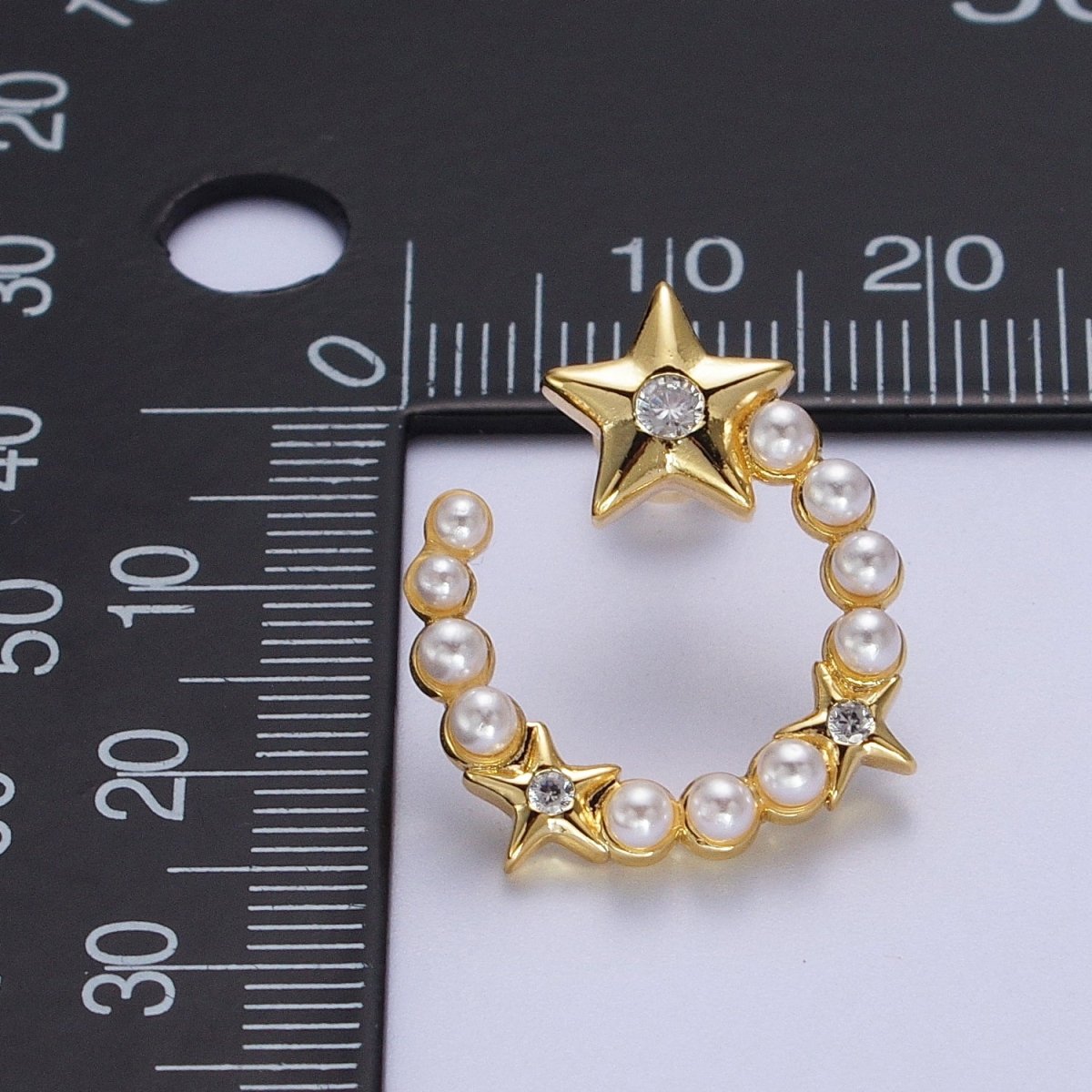 24K Gold plated Pearl Crescent Moon Stars CZ Celestial Circular Stud Earrings | Y229 - DLUXCA