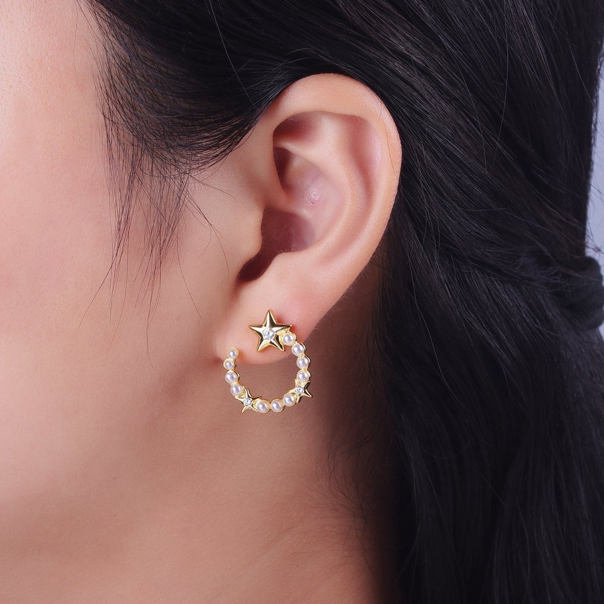 24K Gold plated Pearl Crescent Moon Stars CZ Celestial Circular Stud Earrings | Y229 - DLUXCA
