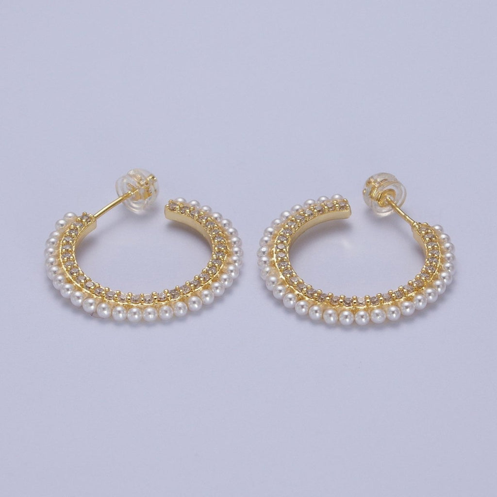 24K Gold plated Pearl Lined Front Micro Paved CZ Side C-Shaped 26mm Hoop Earrings | Y-226 - DLUXCA