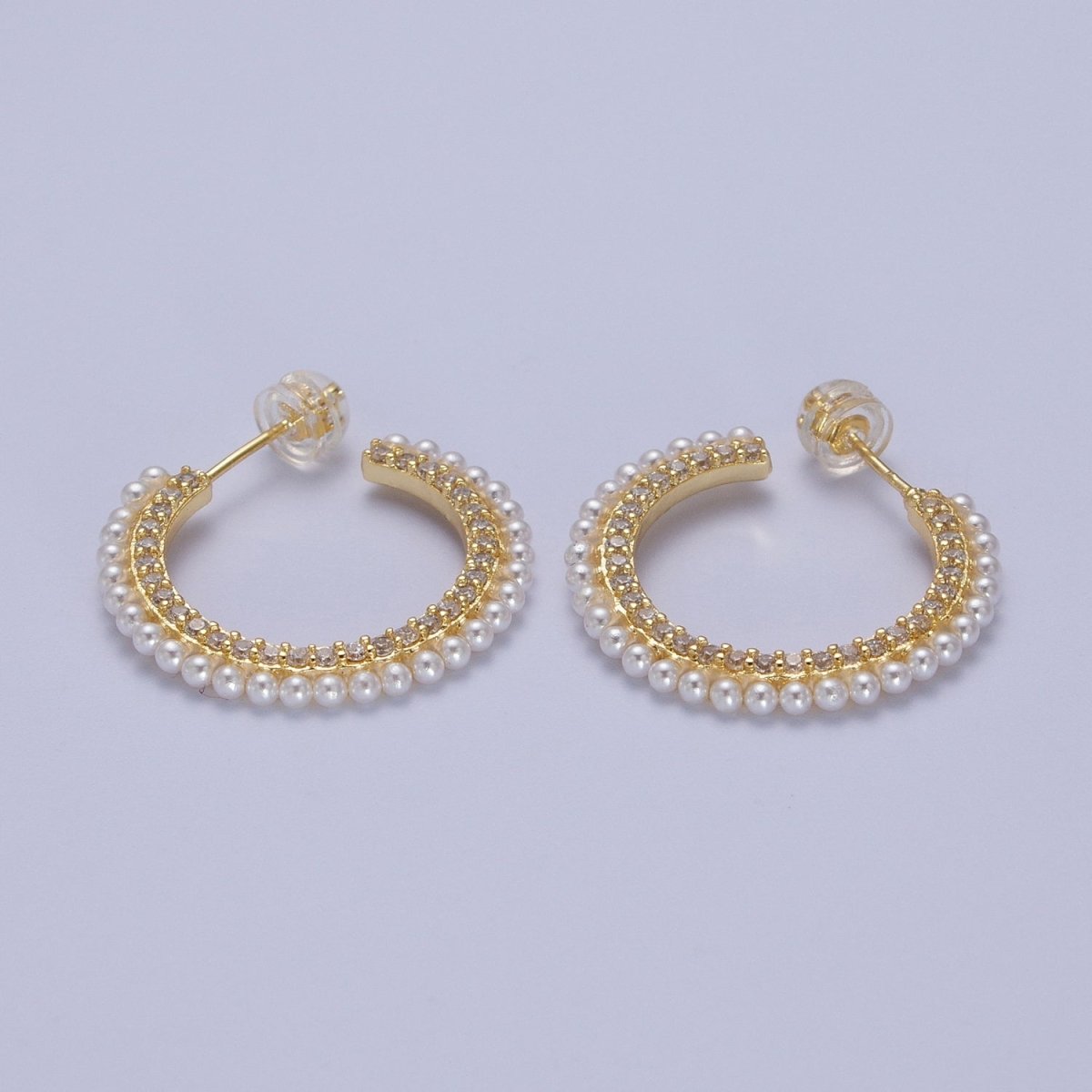24K Gold plated Pearl Lined Front Micro Paved CZ Side C-Shaped 26mm Hoop Earrings | Y-226 - DLUXCA
