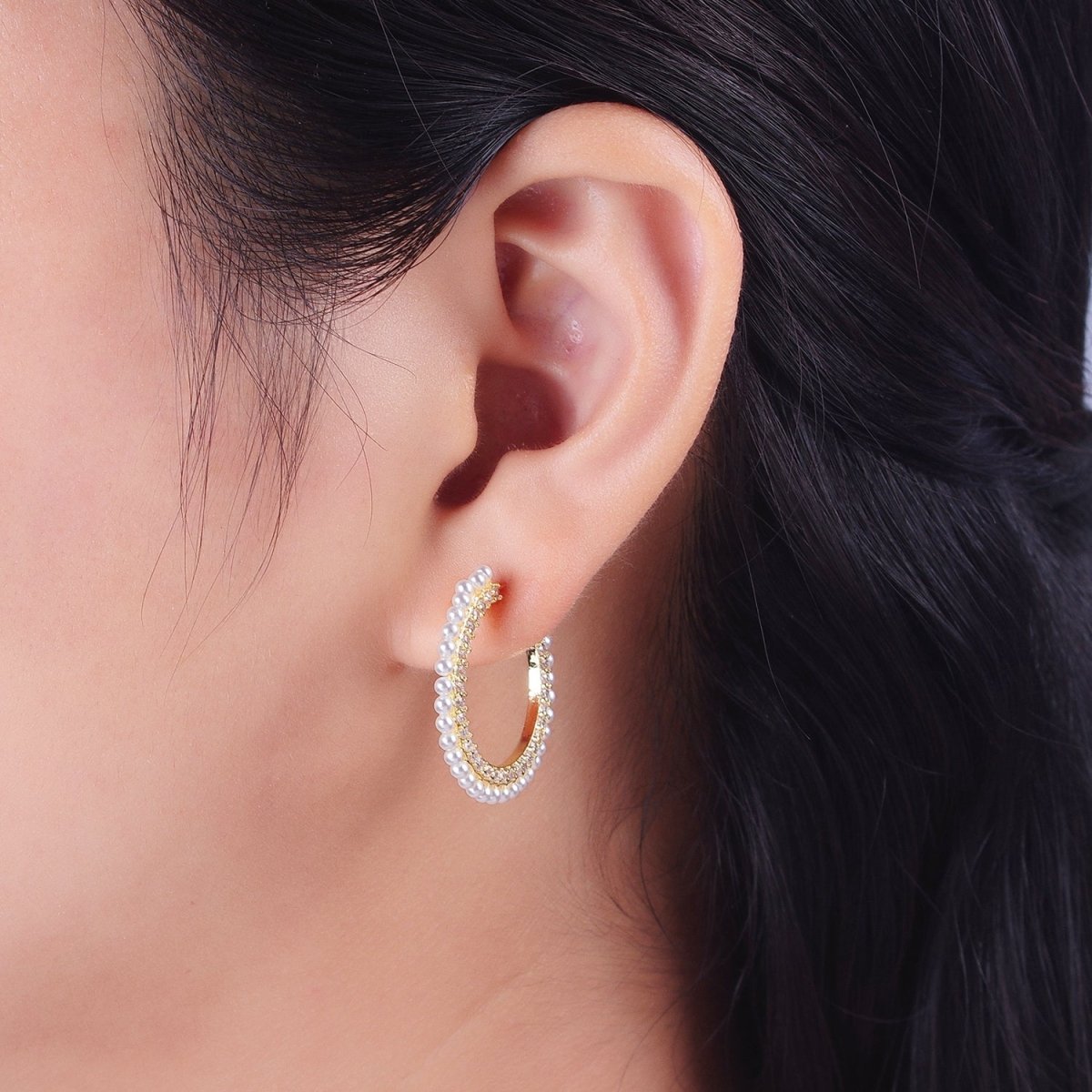24K Gold plated Pearl Lined Front Micro Paved CZ Side C-Shaped 26mm Hoop Earrings | Y-226 - DLUXCA