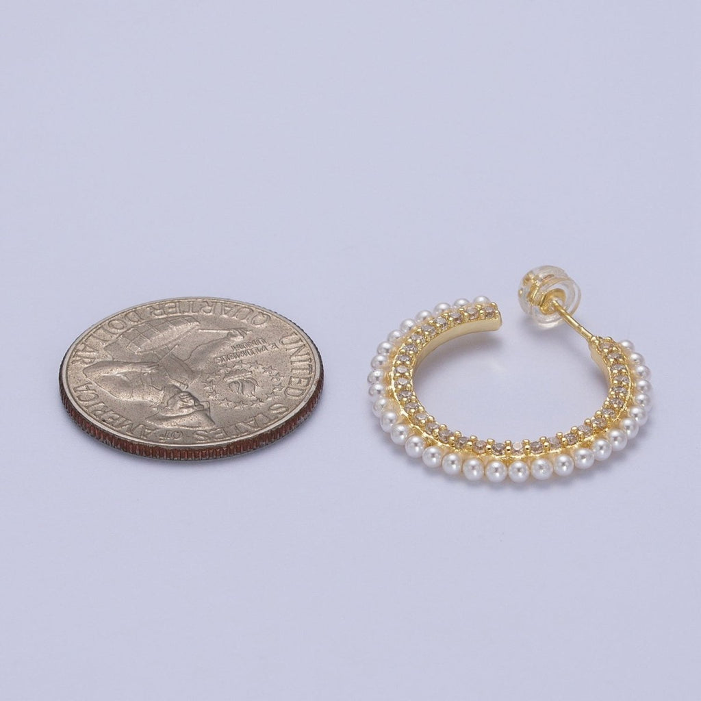 24K Gold plated Pearl Lined Front Micro Paved CZ Side C-Shaped 26mm Hoop Earrings | Y-226 - DLUXCA