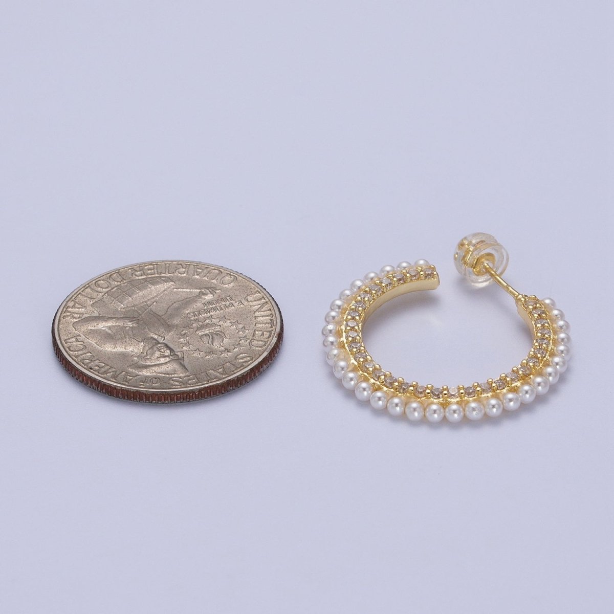 24K Gold plated Pearl Lined Front Micro Paved CZ Side C-Shaped 26mm Hoop Earrings | Y-226 - DLUXCA