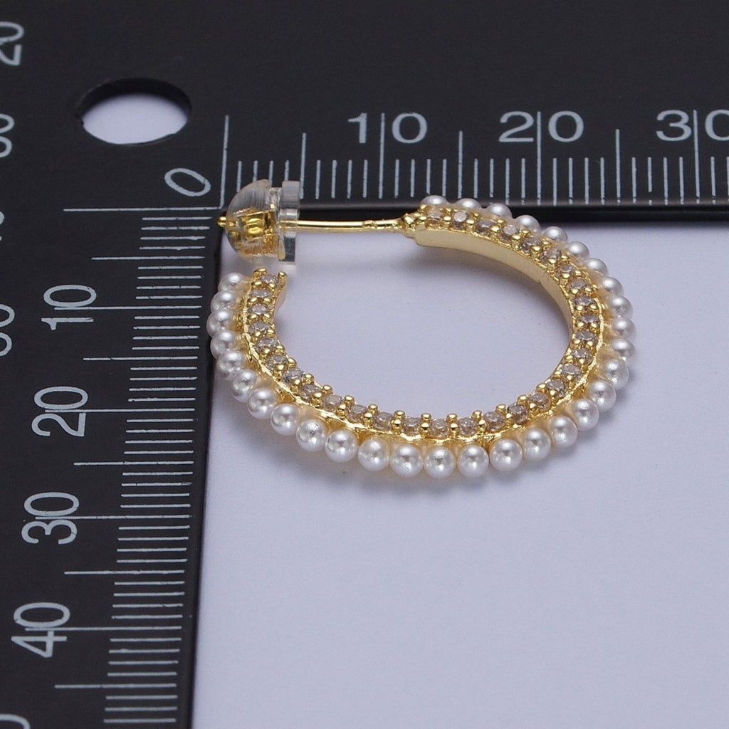 24K Gold plated Pearl Lined Front Micro Paved CZ Side C-Shaped 26mm Hoop Earrings | Y-226 - DLUXCA