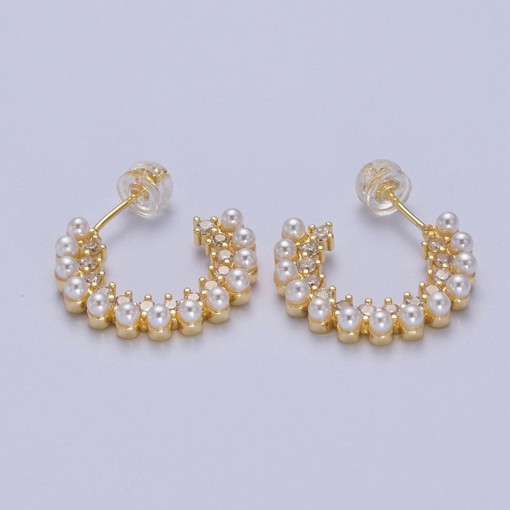 24K Gold plated Pearl Lined Micro Paved CZ Side C-Shaped 21mm Hoop Earrings | Y-227 - DLUXCA