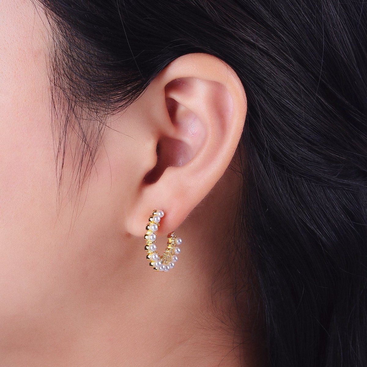 24K Gold plated Pearl Lined Micro Paved CZ Side C-Shaped 21mm Hoop Earrings | Y-227 - DLUXCA