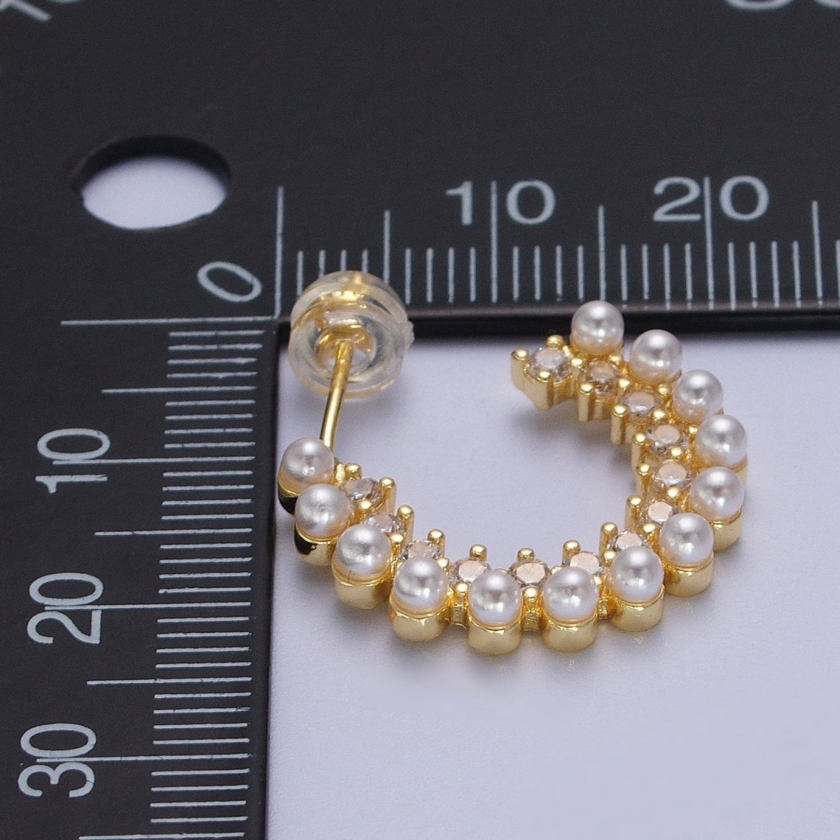 24K Gold plated Pearl Lined Micro Paved CZ Side C-Shaped 21mm Hoop Earrings | Y-227 - DLUXCA