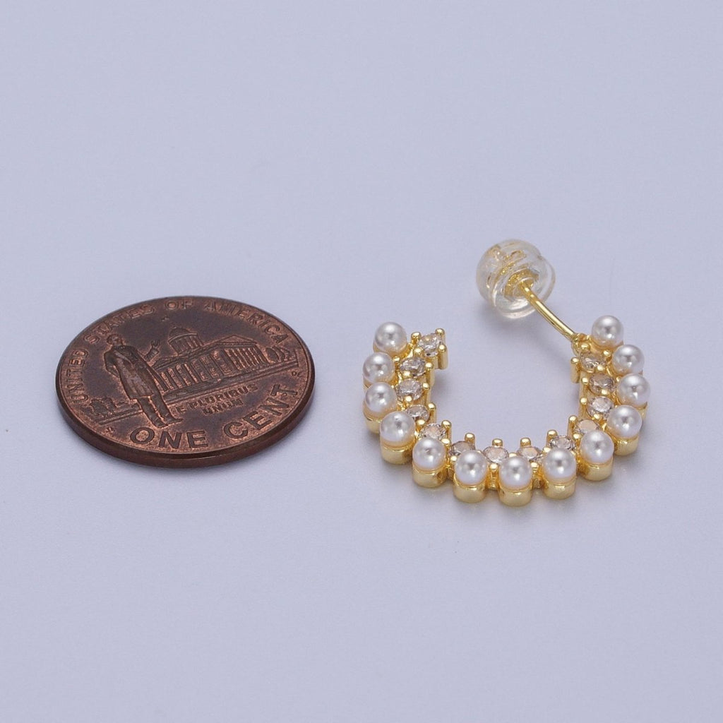 24K Gold plated Pearl Lined Micro Paved CZ Side C-Shaped 21mm Hoop Earrings | Y-227 - DLUXCA