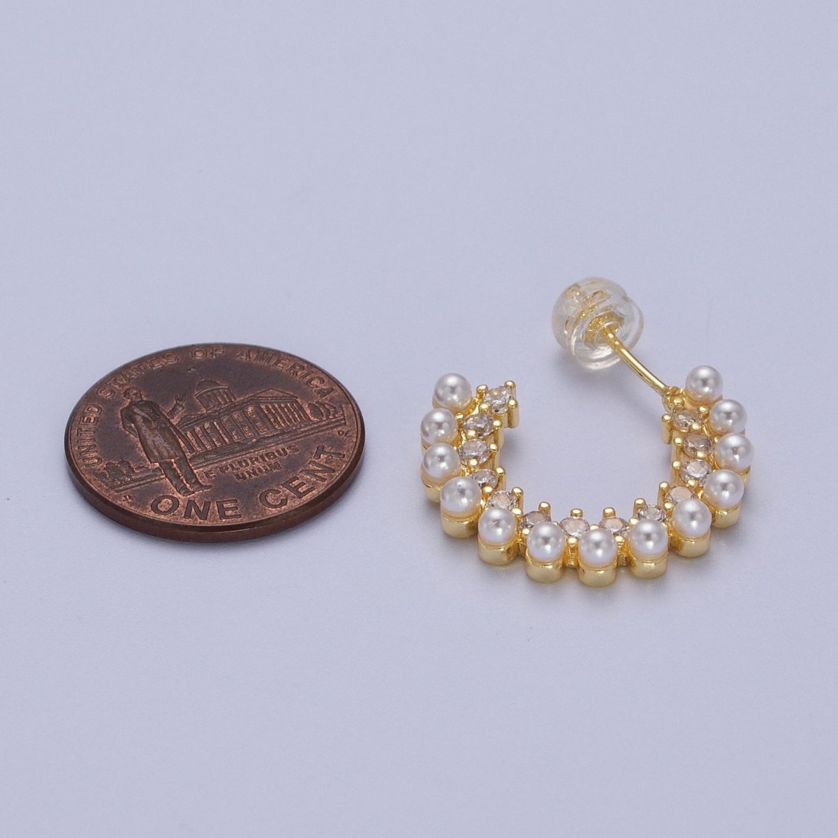 24K Gold plated Pearl Lined Micro Paved CZ Side C-Shaped 21mm Hoop Earrings | Y-227 - DLUXCA