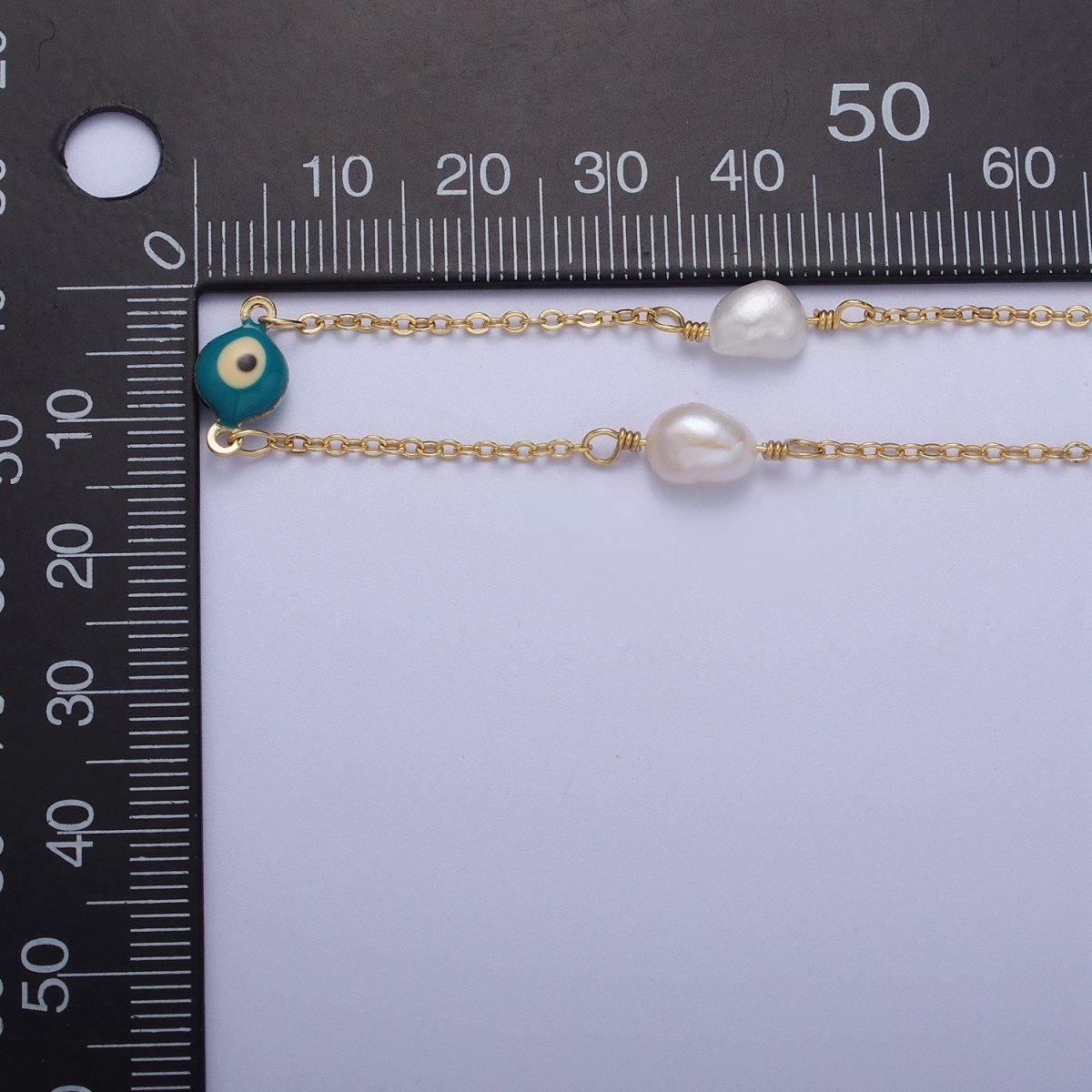 24K Gold plated Pearl Teal Enamel Evil Eye Designed Unfinished Chain by Yard | ROLL-875 Clearance Pricing - DLUXCA