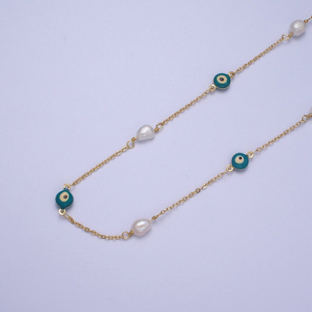 24K Gold plated Pearl Teal Enamel Evil Eye Designed Unfinished Chain by Yard | ROLL-875 Clearance Pricing - DLUXCA