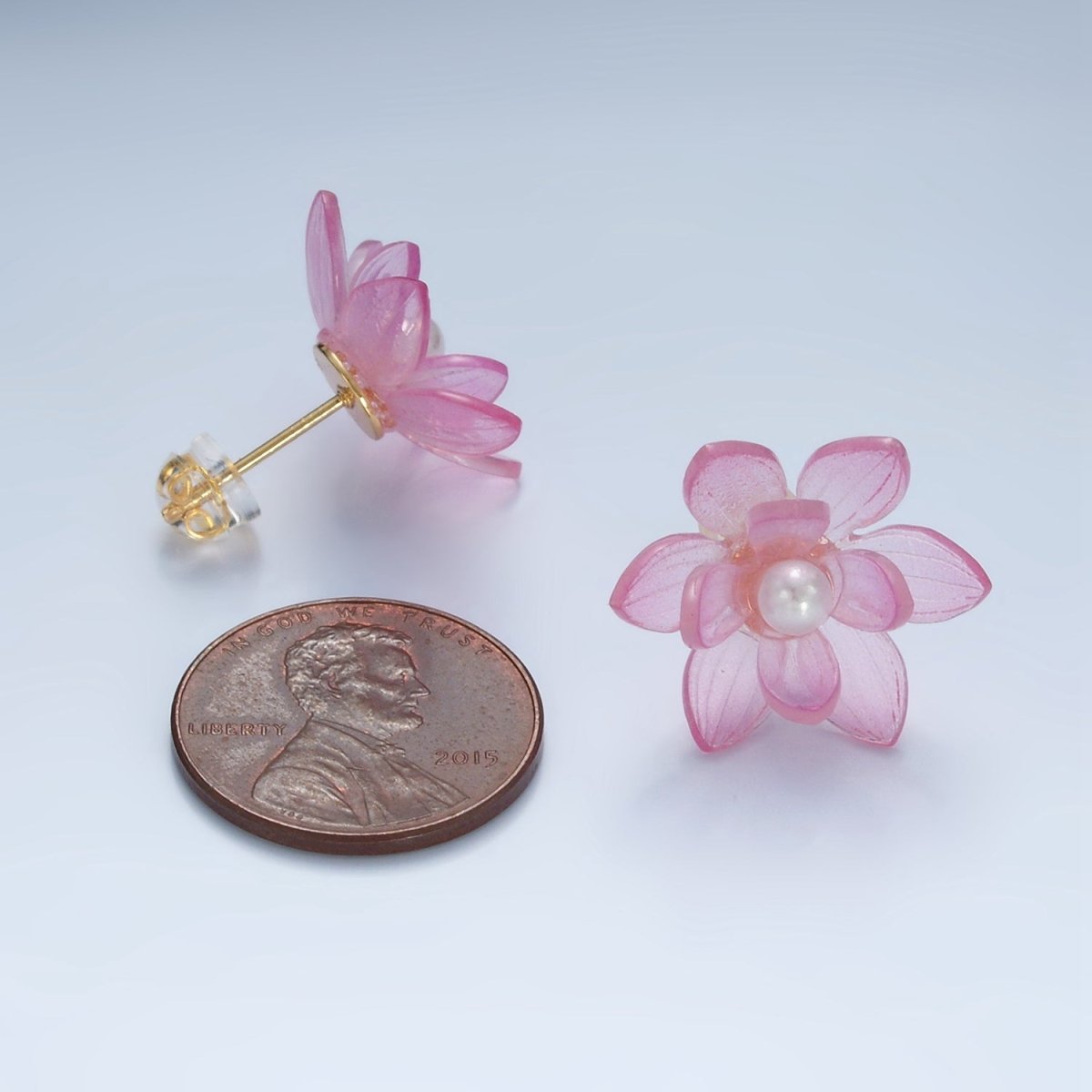 24K Gold plated Pink Acrylic Sakura Flower Stud Earrings | P099 - DLUXCA