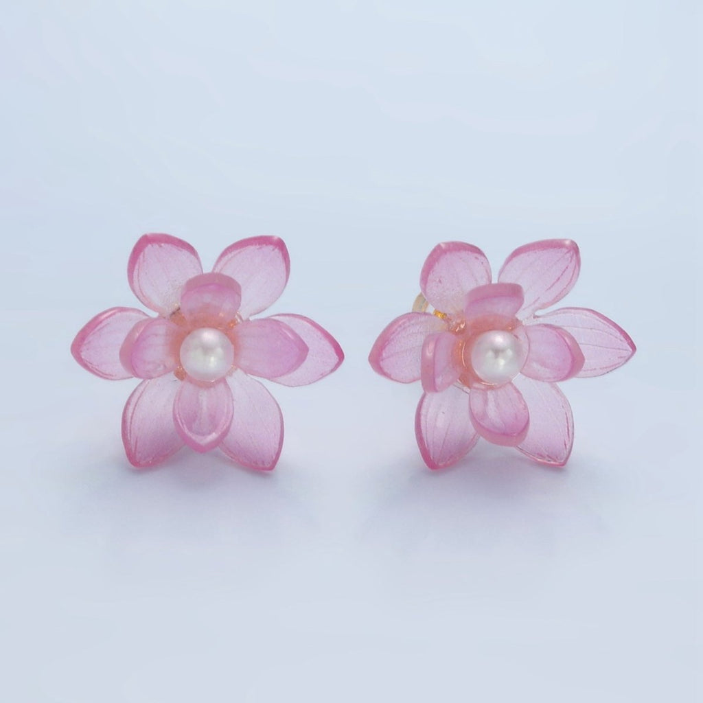 24K Gold plated Pink Acrylic Sakura Flower Stud Earrings | P099 - DLUXCA