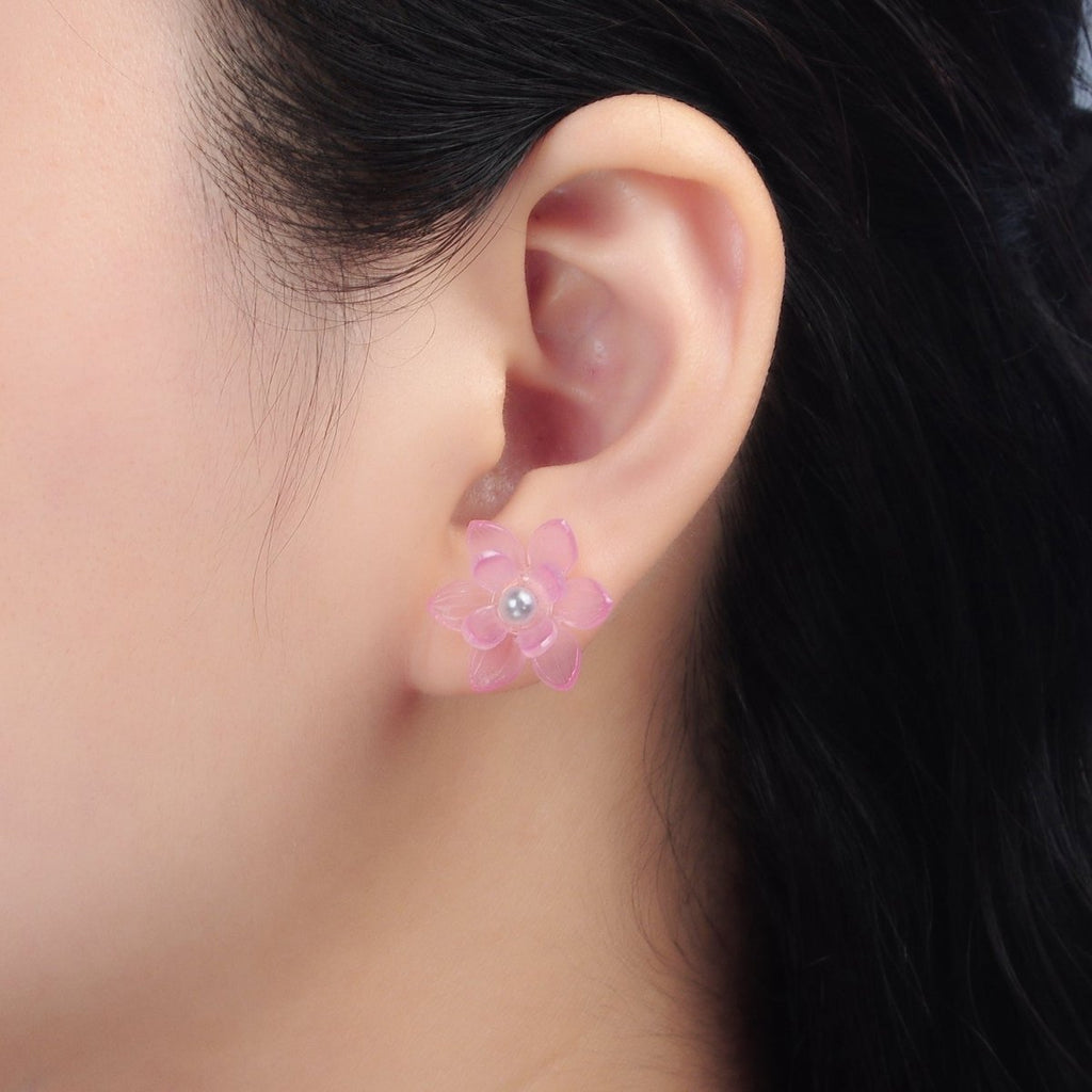 24K Gold plated Pink Acrylic Sakura Flower Stud Earrings | P099 - DLUXCA