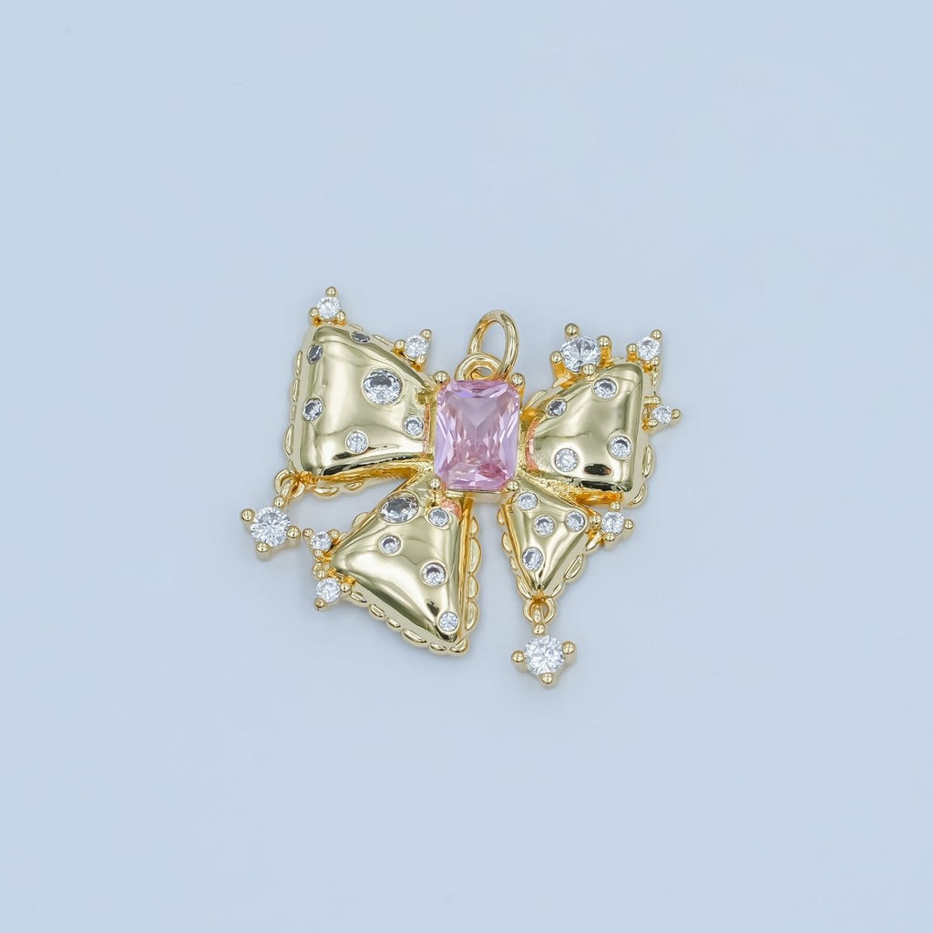 24K Gold plated Pink Baguette CZ Dotted Ribbon Bow Charm | N040 