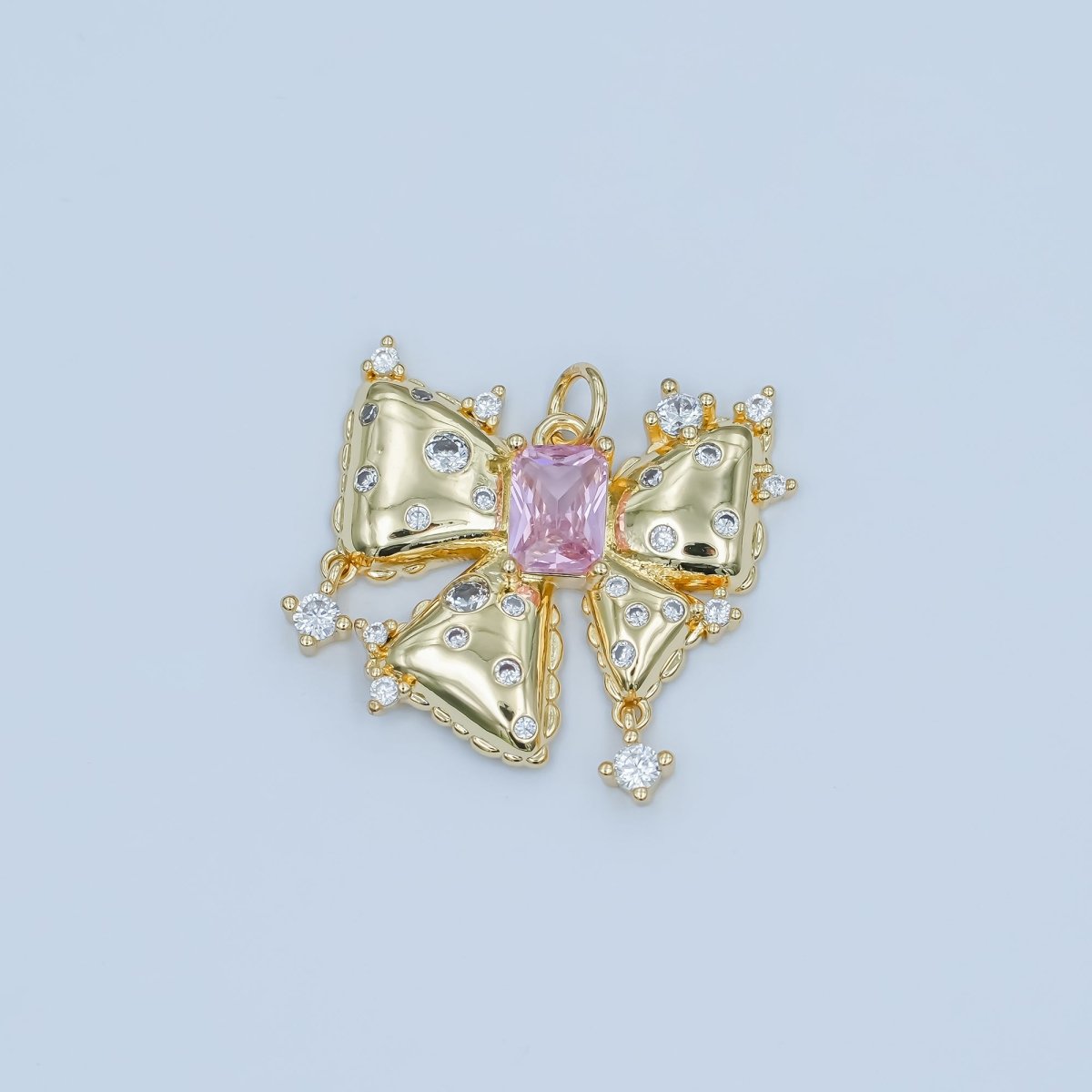 24K Gold plated Pink Baguette CZ Dotted Ribbon Bow Charm | N040 