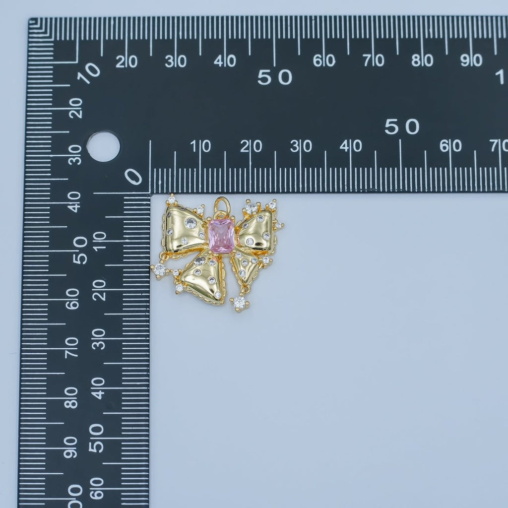 24K Gold plated Pink Baguette CZ Dotted Ribbon Bow Charm | N040 
