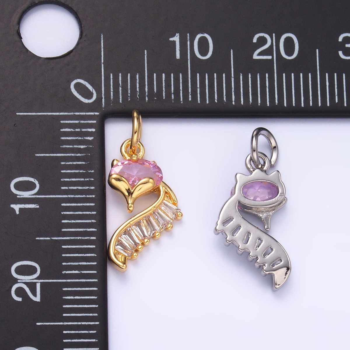 24K Gold plated Pink Baguette CZ Fox Animal Charm in Gold & Silver | M462 