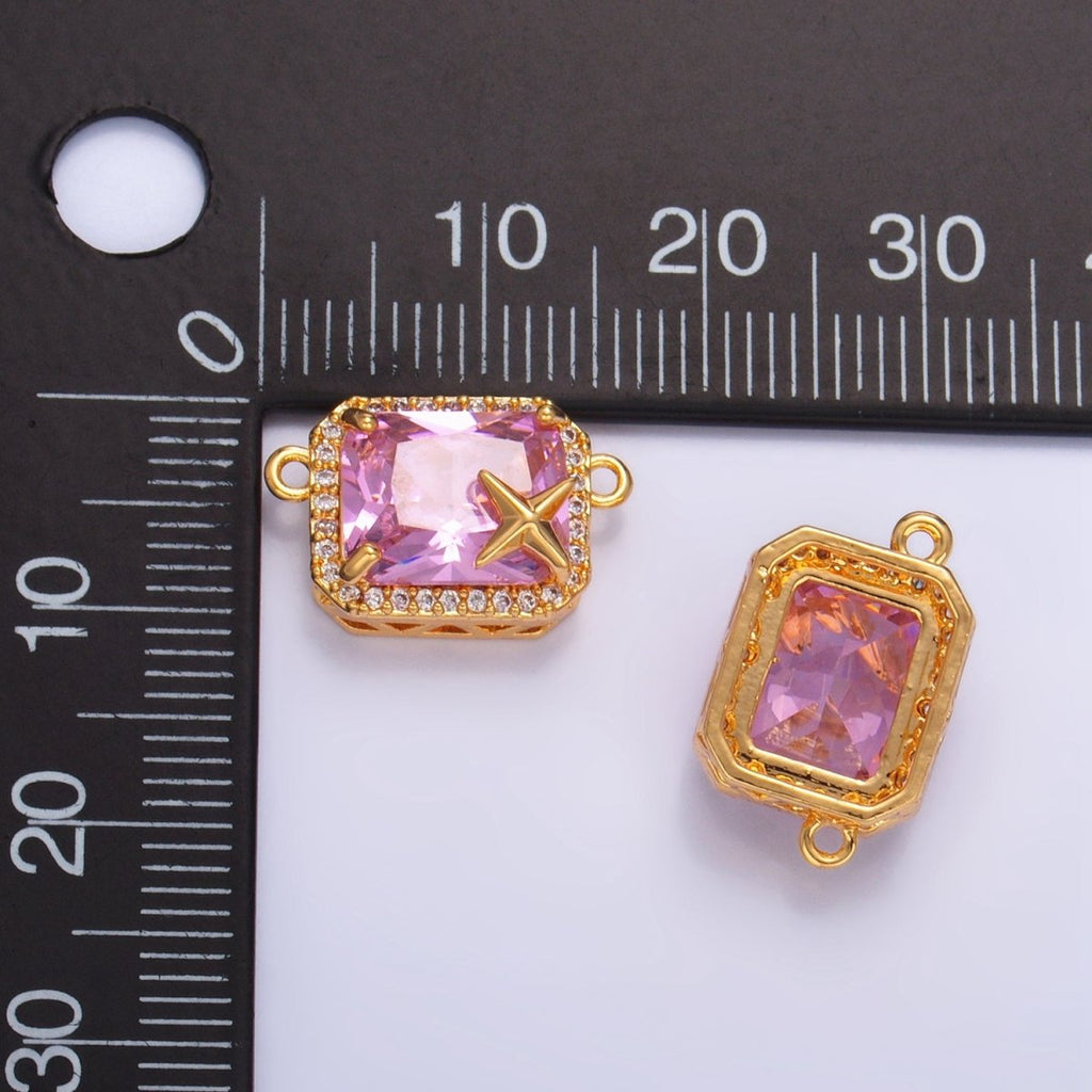 24K Gold plated Pink Baguette Micro Paved CZ Celestial Star Connector | F732 - DLUXCA