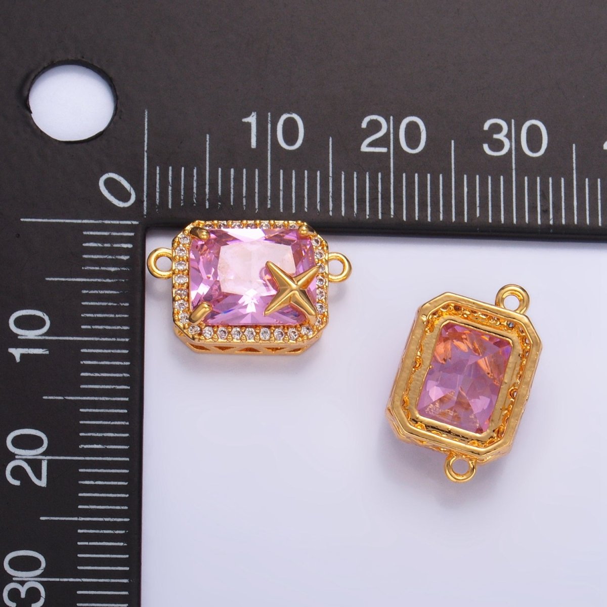 24K Gold plated Pink Baguette Micro Paved CZ Celestial Star Connector | F732 - DLUXCA