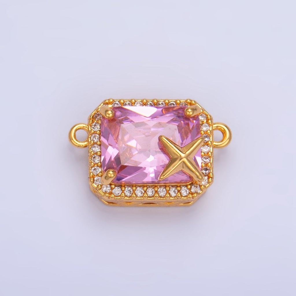 24K Gold plated Pink Baguette Micro Paved CZ Celestial Star Connector | F732 - DLUXCA