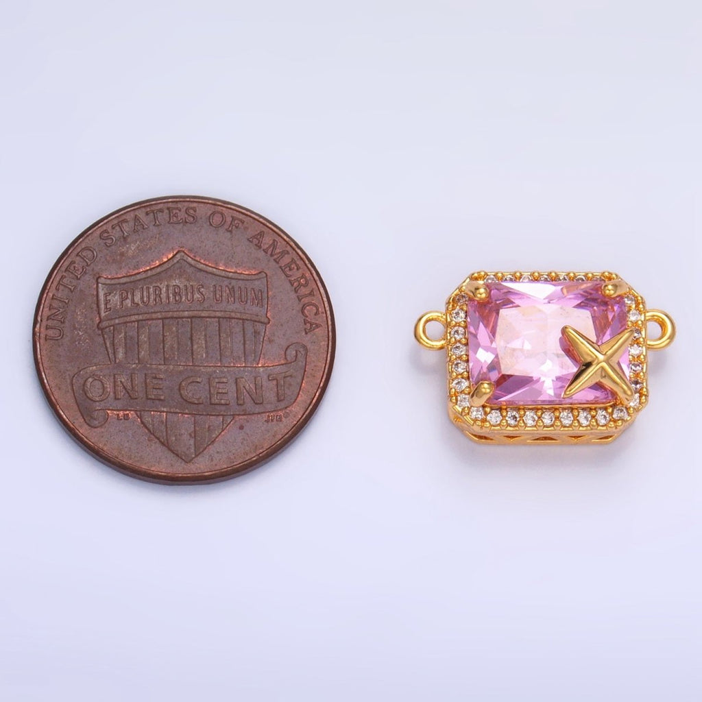 24K Gold plated Pink Baguette Micro Paved CZ Celestial Star Connector | F732 - DLUXCA