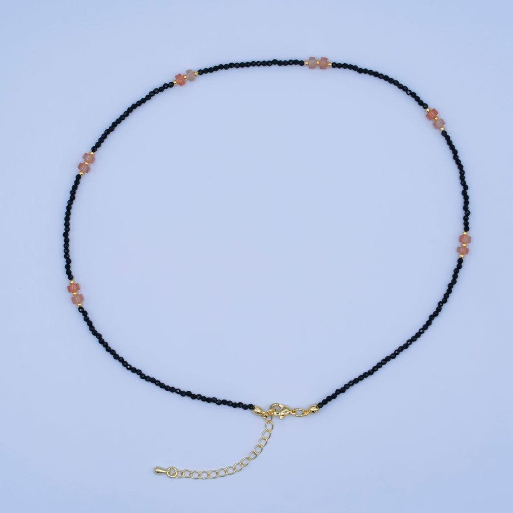 24K Gold plated Pink Black Gemstone Bead 17 Inch Necklace | WA - 2961 - DLUXCA
