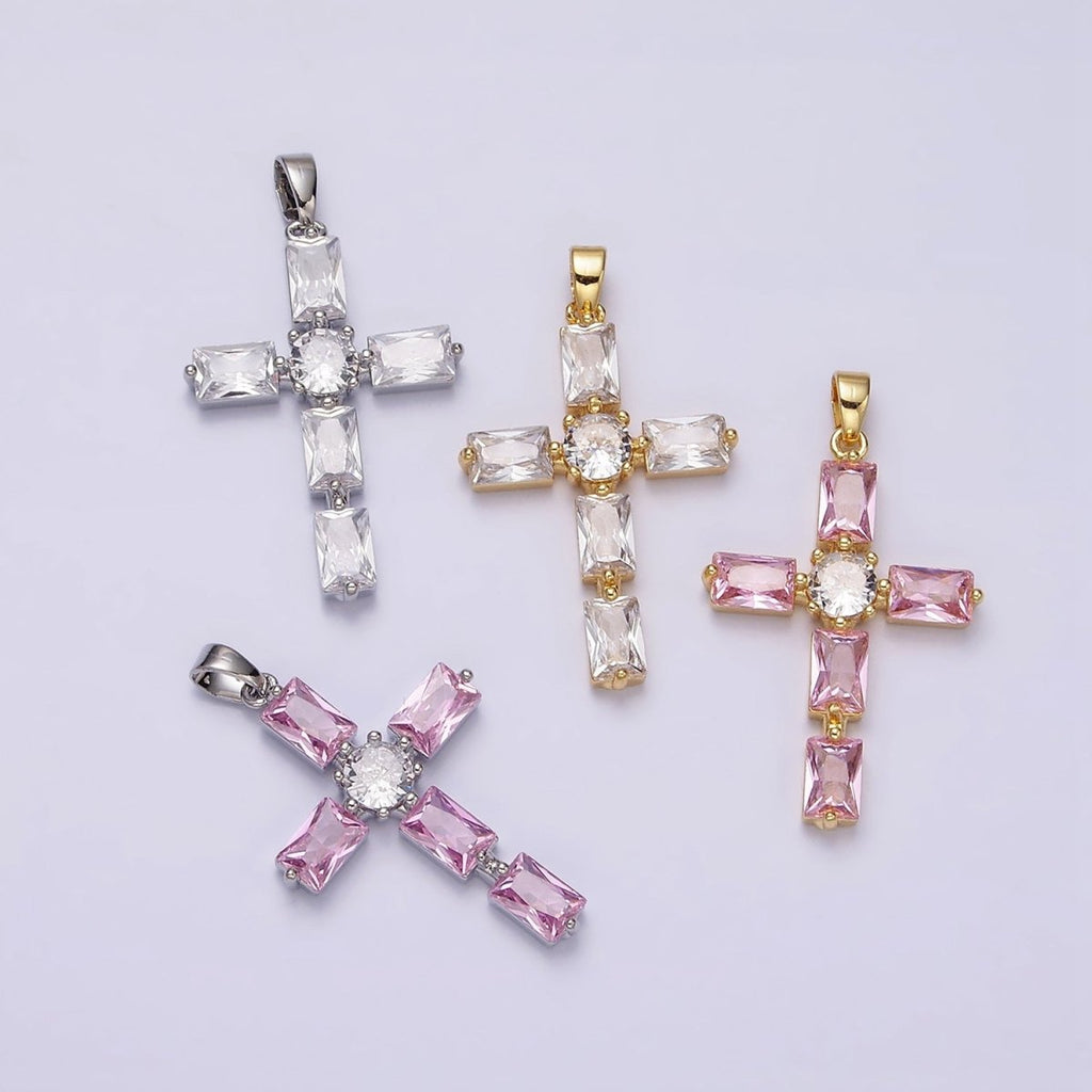 24K Gold plated Pink, Clear Baguette Dotted Religious Cross in Silver & Gold | AA543 - AA546 - DLUXCA