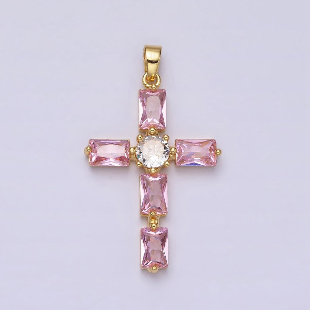 24K Gold plated Pink, Clear Baguette Dotted Religious Cross in Silver & Gold | AA543 - AA546 - DLUXCA