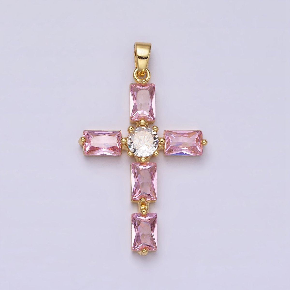24K Gold plated Pink, Clear Baguette Dotted Religious Cross in Silver & Gold | AA543 - AA546 - DLUXCA
