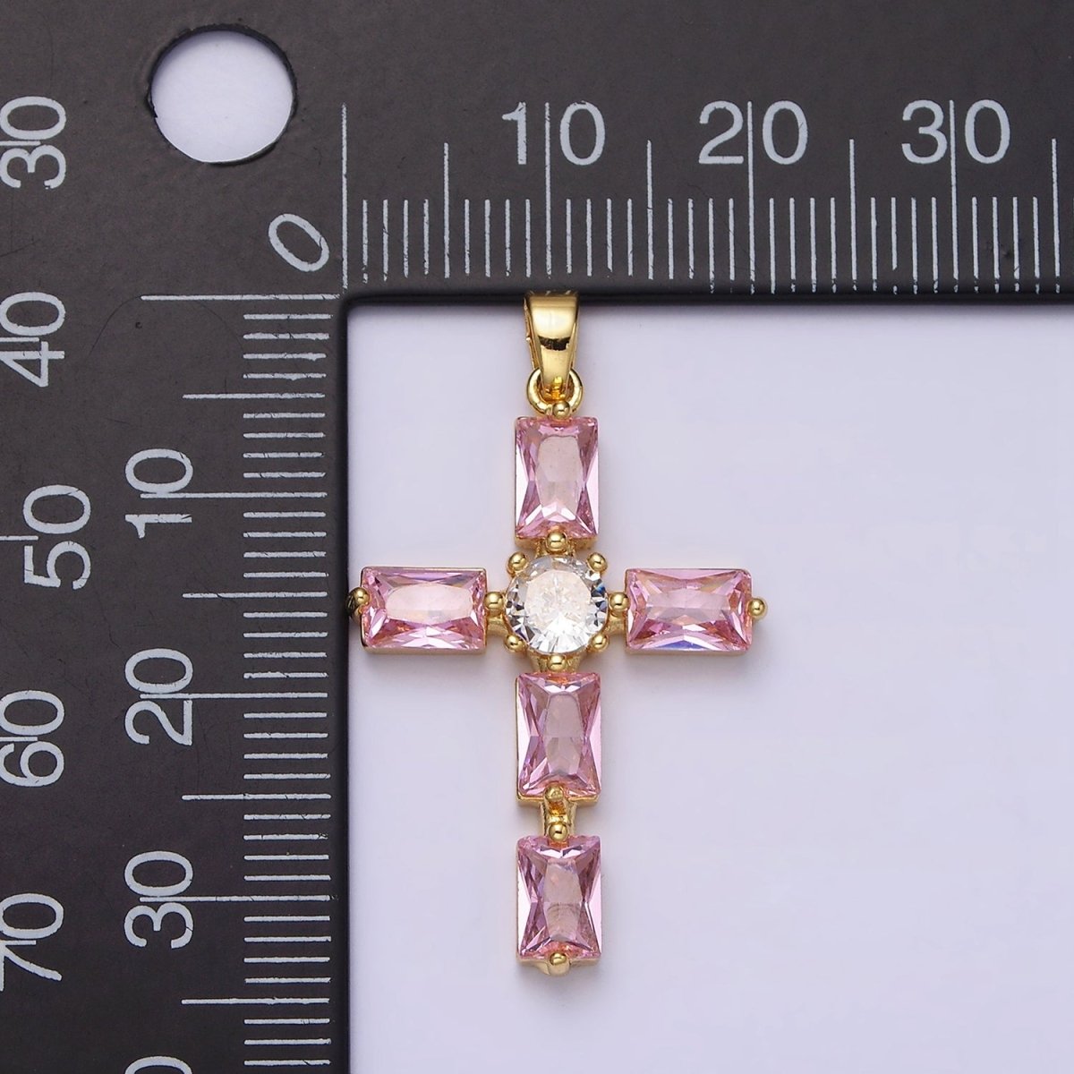 24K Gold plated Pink, Clear Baguette Dotted Religious Cross in Silver & Gold | AA543 - AA546 - DLUXCA
