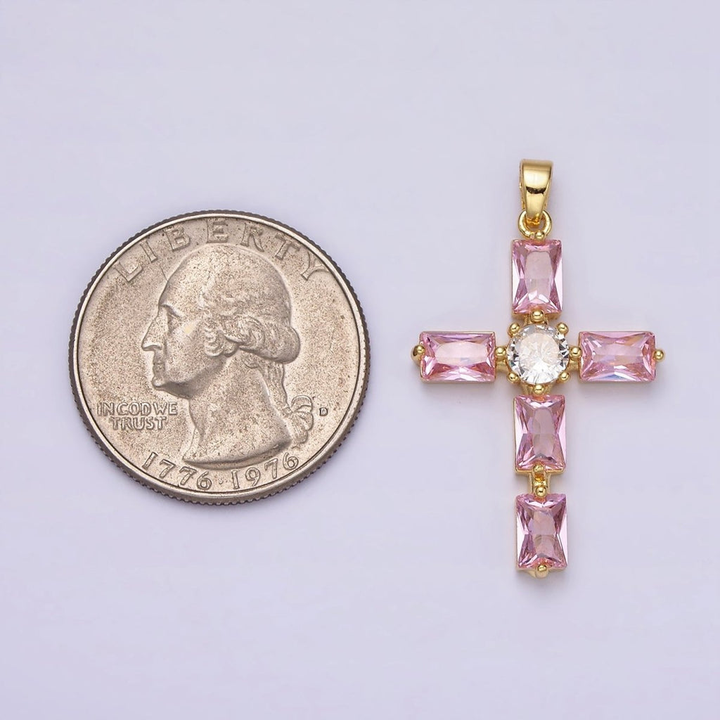 24K Gold plated Pink, Clear Baguette Dotted Religious Cross in Silver & Gold | AA543 - AA546 - DLUXCA