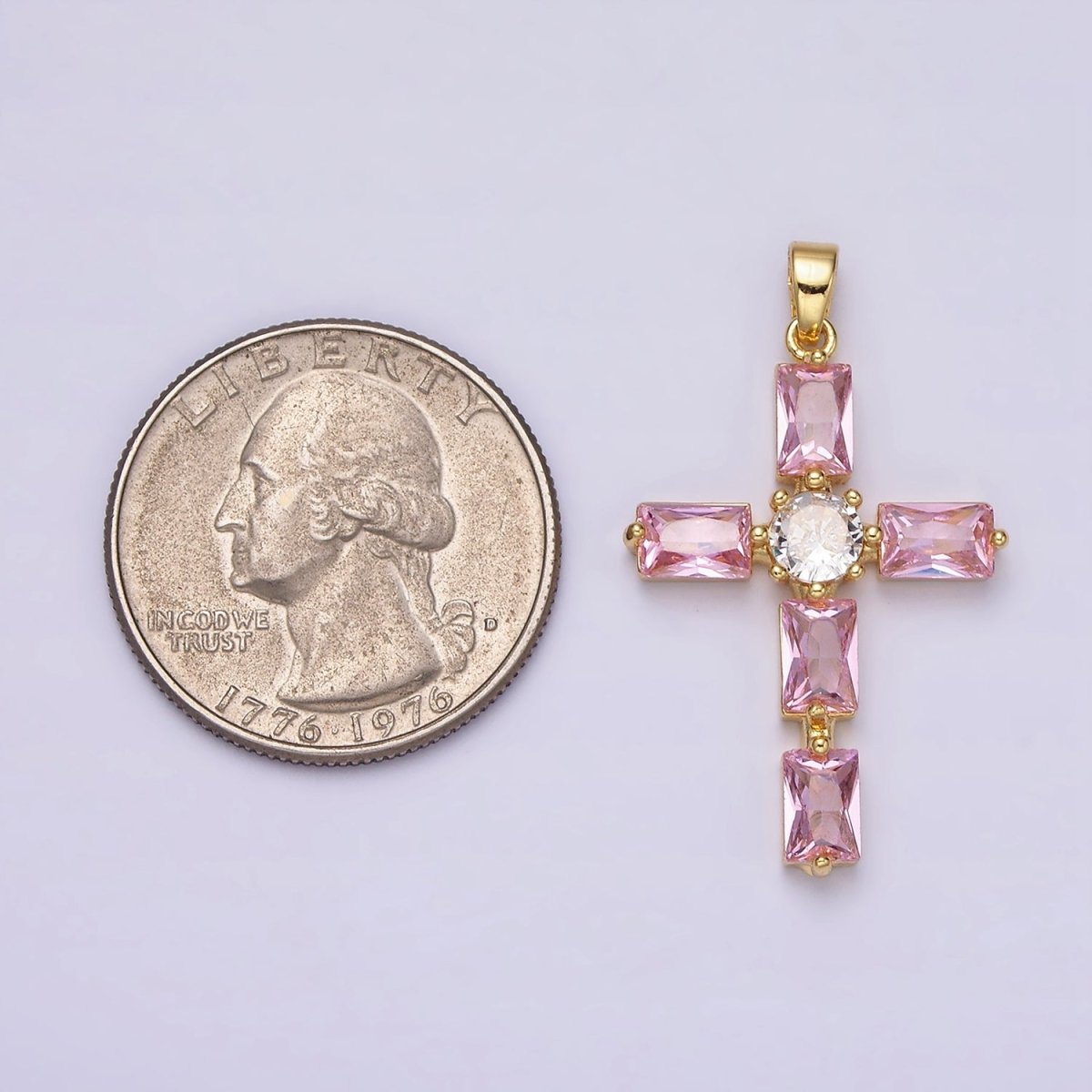 24K Gold plated Pink, Clear Baguette Dotted Religious Cross in Silver & Gold | AA543 - AA546 - DLUXCA