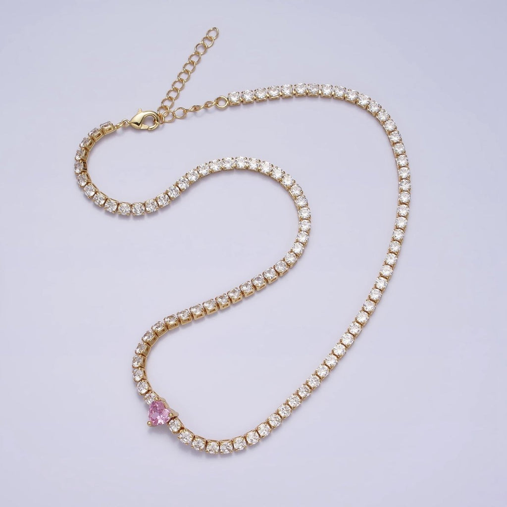 24K Gold plated Pink Clear CZ Heart Valentine Tennis Chain 13.75mm Choker Minimalist Necklace | WA-1732 WA-1733 Clearance Pricing