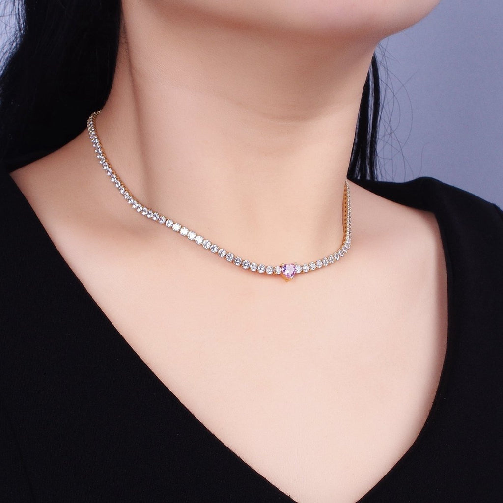 24K Gold plated Pink Clear CZ Heart Valentine Tennis Chain 13.75mm Choker Minimalist Necklace | WA-1732 WA-1733 Clearance Pricing