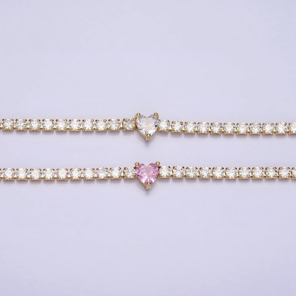 24K Gold plated Pink Clear CZ Heart Valentine Tennis Chain 13.75mm Choker Minimalist Necklace | WA-1732 WA-1733 Clearance Pricing