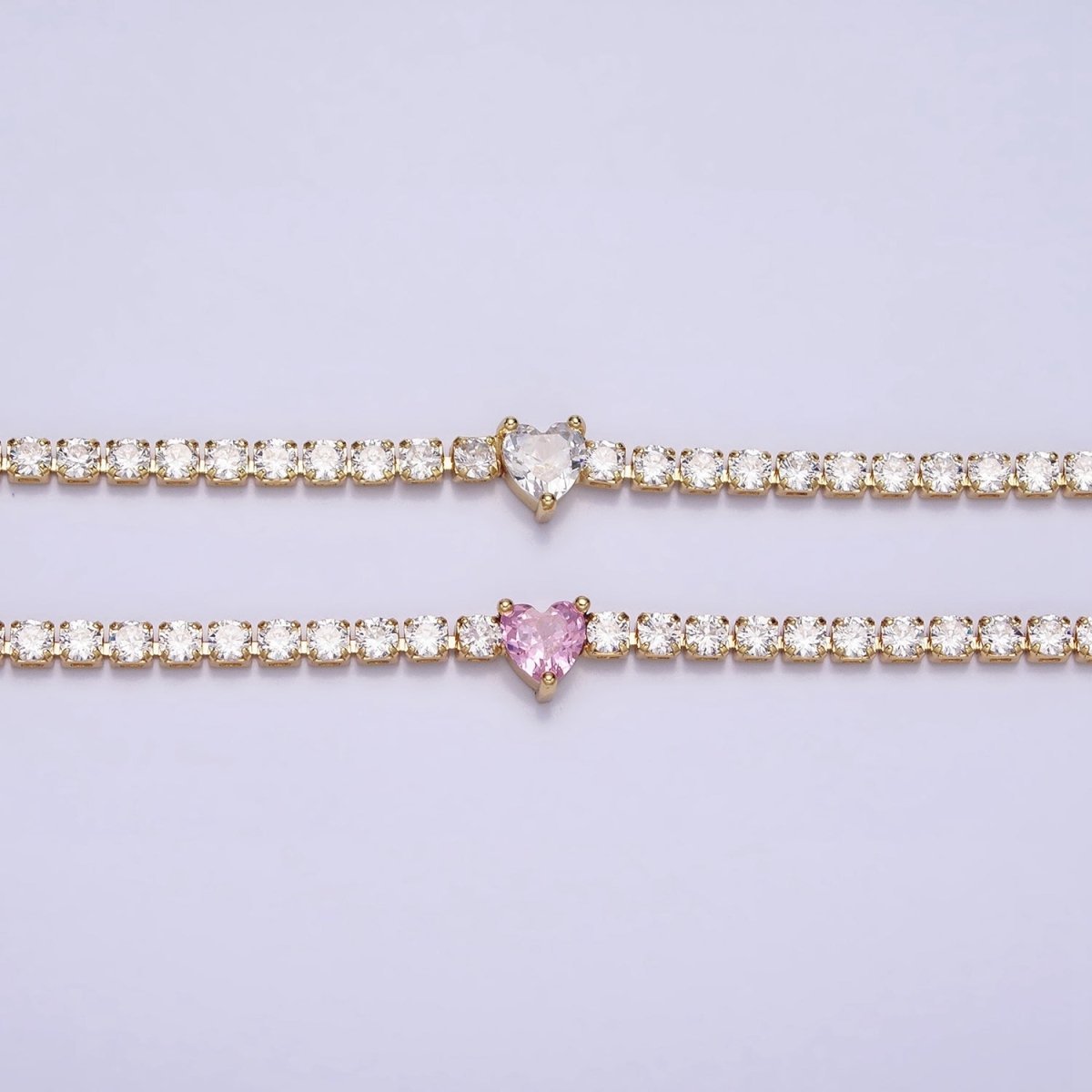 24K Gold plated Pink Clear CZ Heart Valentine Tennis Chain 13.75mm Choker Minimalist Necklace | WA-1732 WA-1733 Clearance Pricing