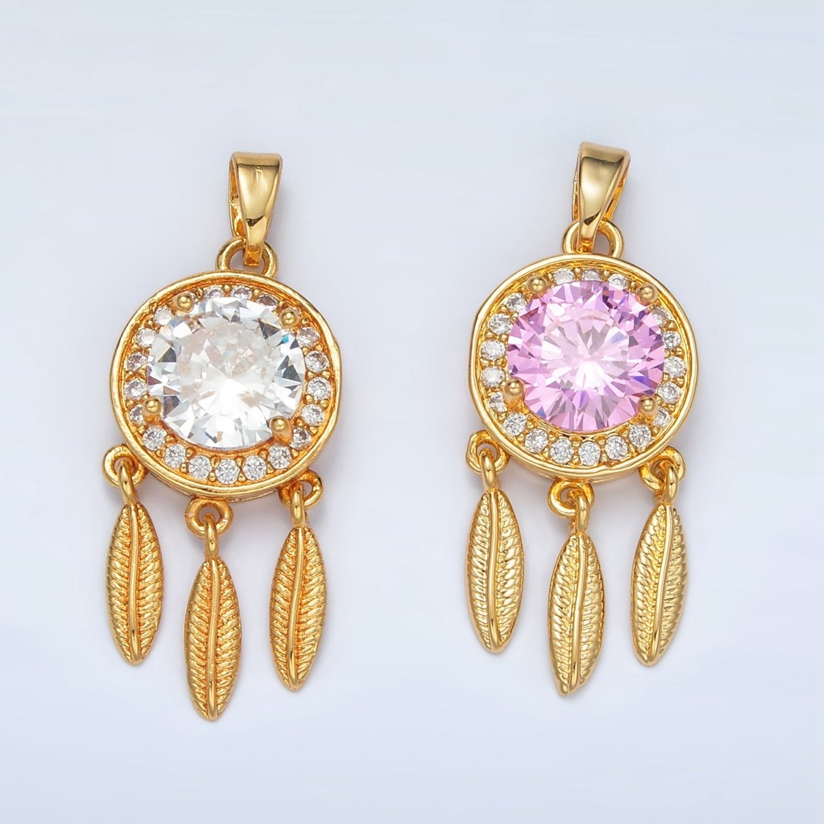 24K Gold plated Pink, Clear CZ Micro Paved Dreamcatcher Pendant | AA1387