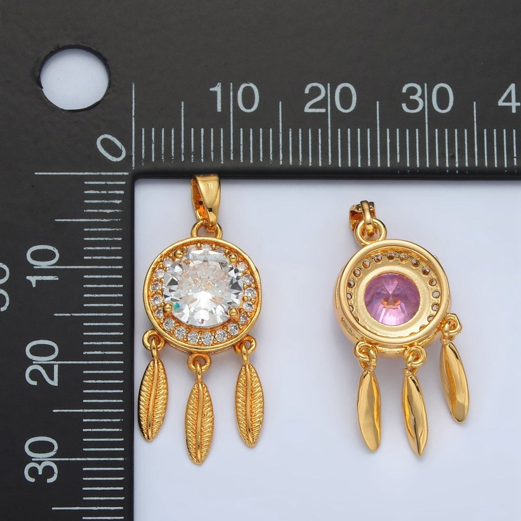 24K Gold plated Pink, Clear CZ Micro Paved Dreamcatcher Pendant | AA1387