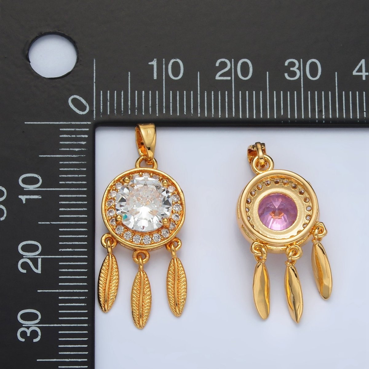 24K Gold plated Pink, Clear CZ Micro Paved Dreamcatcher Pendant | AA1387
