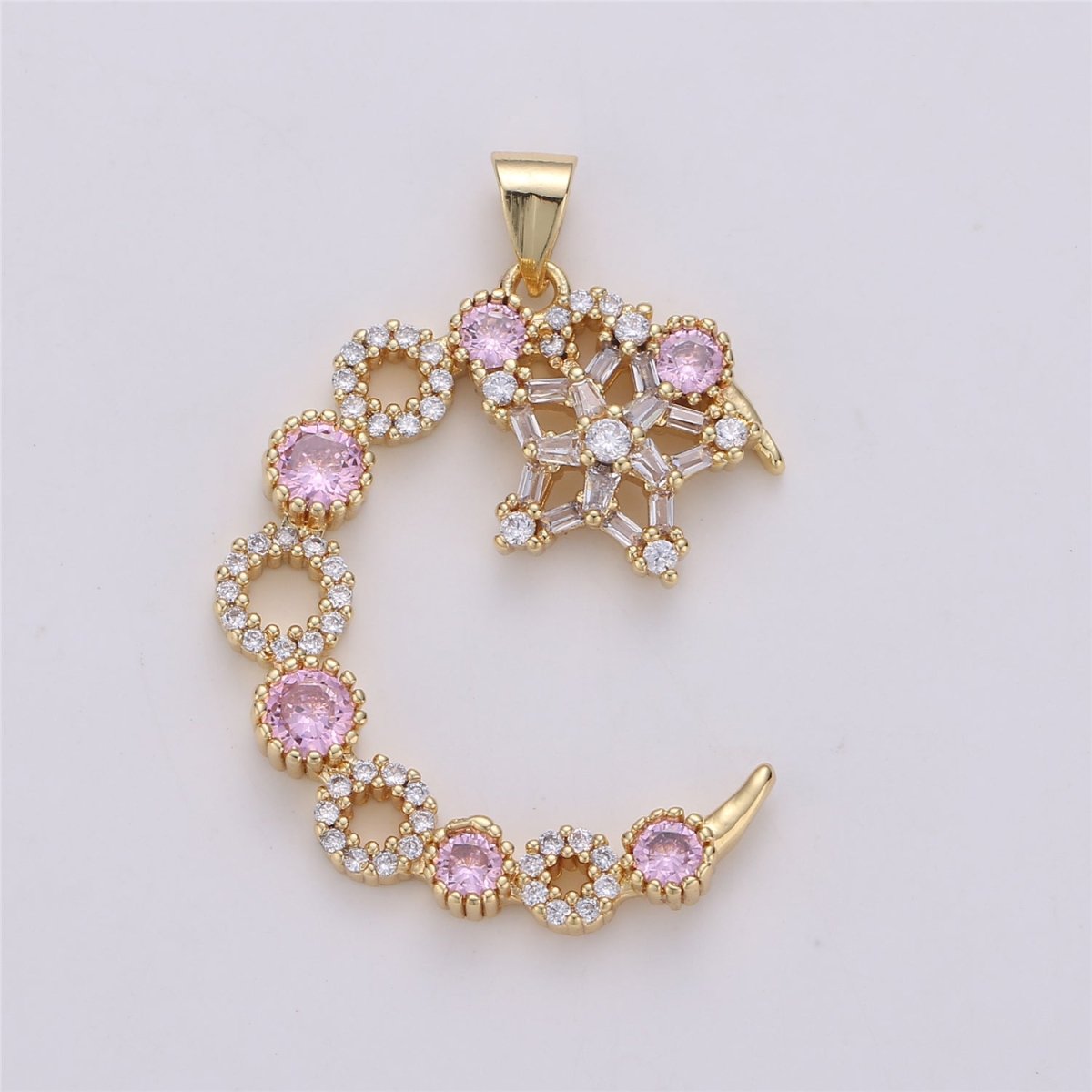 24K Gold plated Pink Clear Micro Paved Cubic Zirconia Moon and Stars Pendant I-577 - DLUXCA