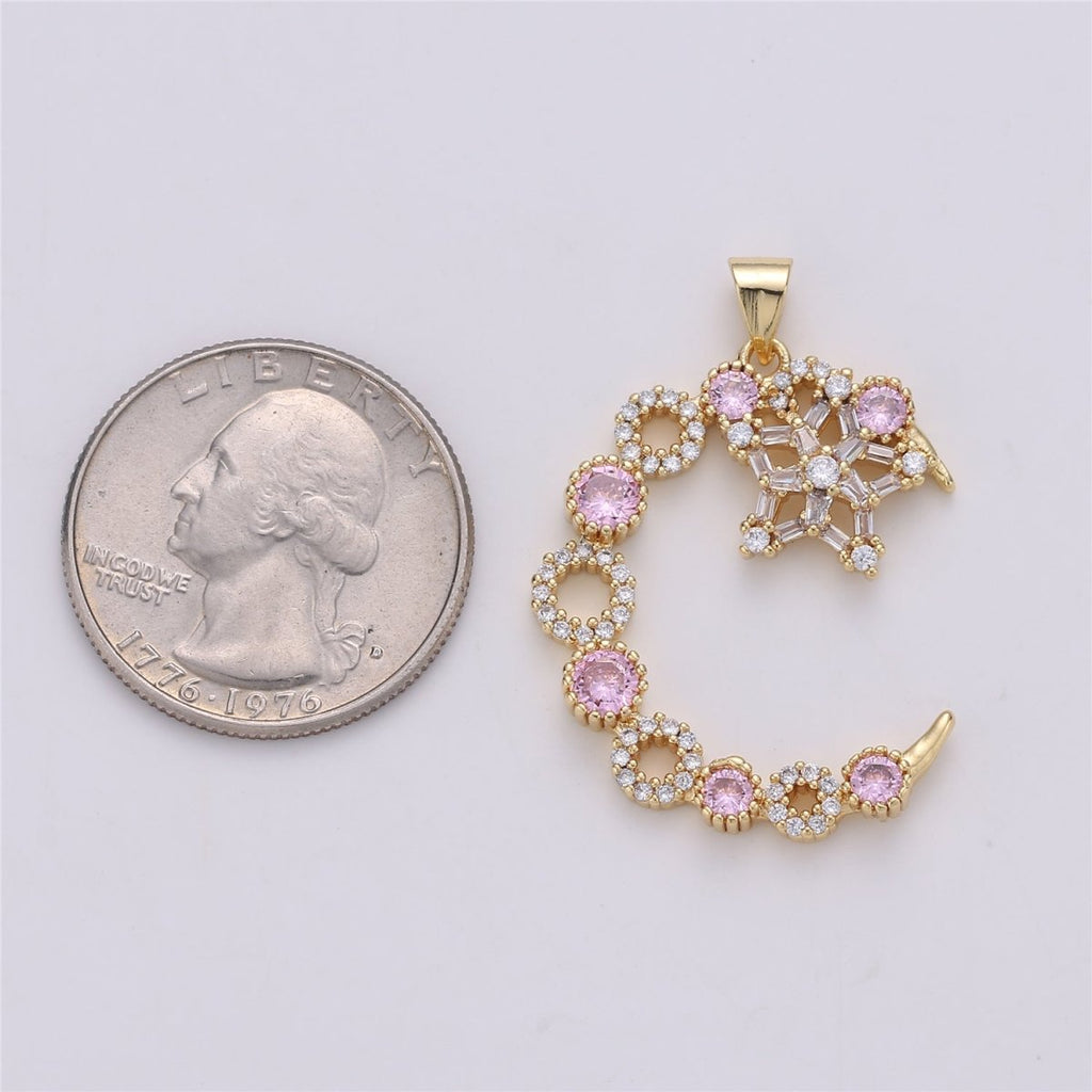 24K Gold plated Pink Clear Micro Paved Cubic Zirconia Moon and Stars Pendant I-577 - DLUXCA