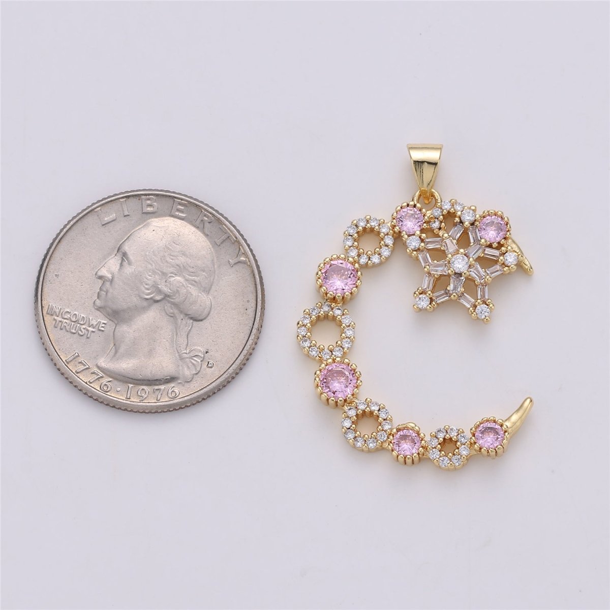 24K Gold plated Pink Clear Micro Paved Cubic Zirconia Moon and Stars Pendant I-577 - DLUXCA